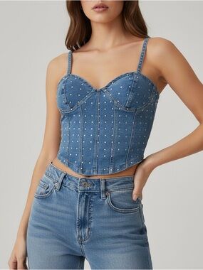 Denim Corset Tank Top with Rhinestone Studs